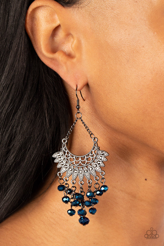 Chromatic Cascade - Blue Metallic Crystal-Like Bead Fringe/Gunmetal Half Moon Frame Paparazzi Earrings