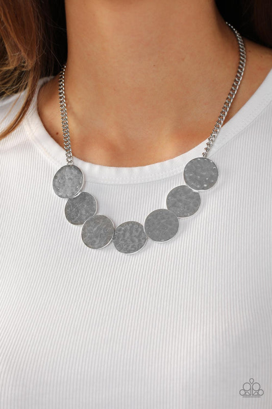 Flip a Coin - Silver Overlapping Hammered Disc Paparazzi Necklace & matching earrings