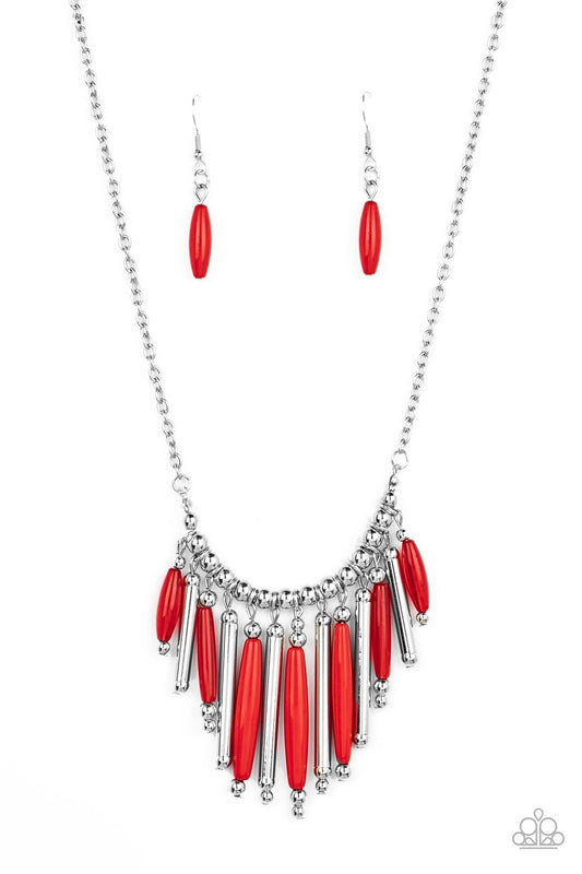 Bohemian Breeze - Red Cylindrical/Silver Beaded Paparazzi Necklace & matching earrings