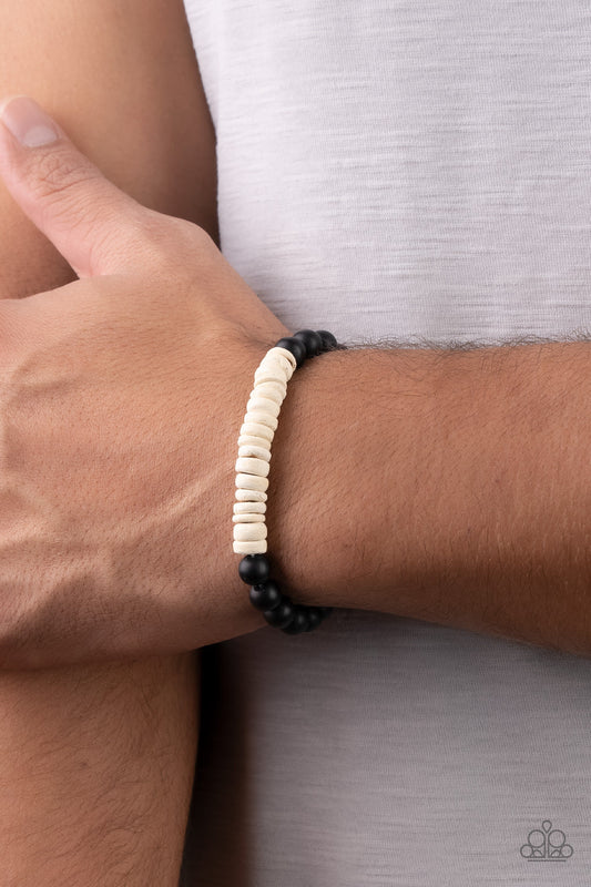 Recreational Remedy - White Wooden Discs & Black Stone Beaded Paparazzi Stretch Bracelet
