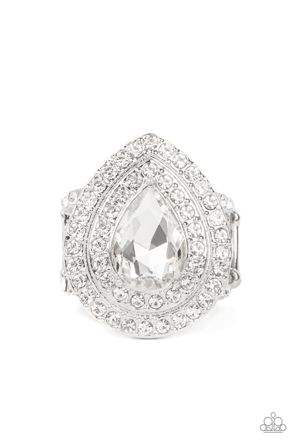 Icy Indulgence - White Oversized Teardrop Gem & White Rhinestone Paparazzi Ring