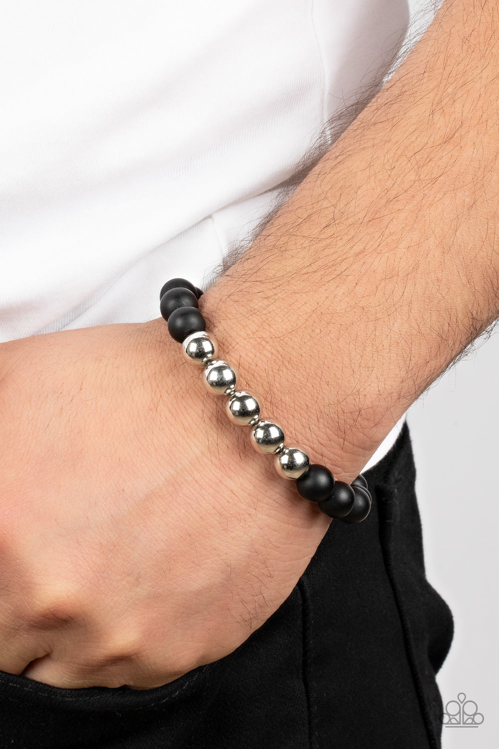 METALHEAD in the Clouds - Black Stone & Silver Beaded Paparazzi Stretch Bracelet