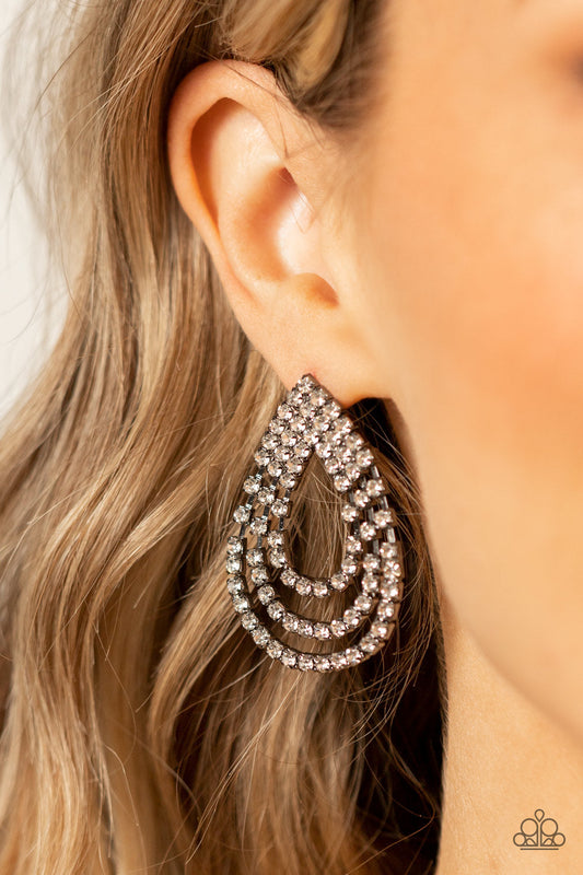 Take a POWER Stance - Gunmetal & White Rhinestone Teardrop Chandelier Paparazzi Earrings