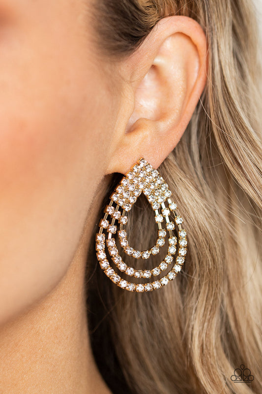 Take a POWER Stance - Gold Fittings & White Rhinestone Loop Paparazzi Earrings