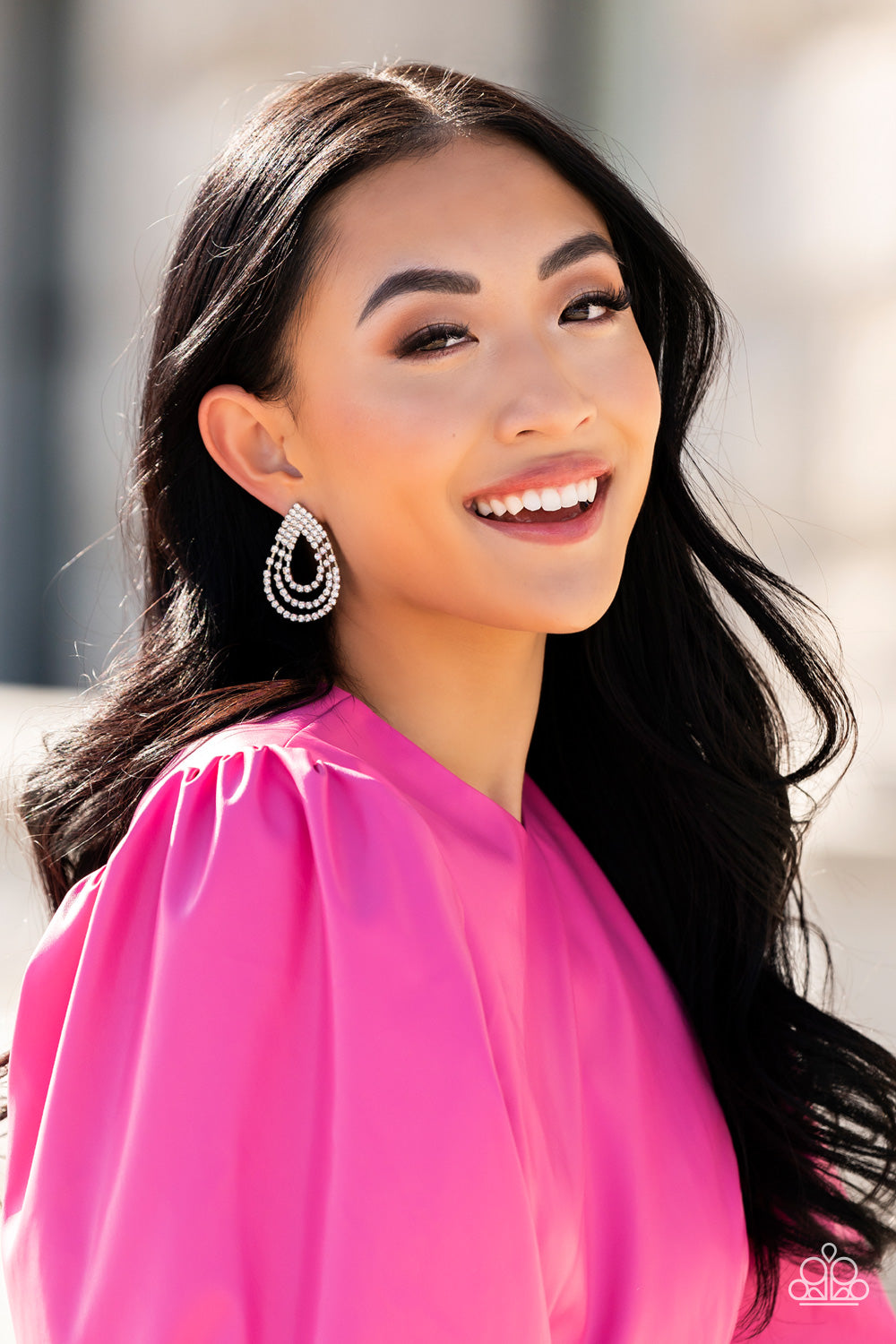 Take a POWER Stance - White Rhinestone Loop Paparazzi Earrings