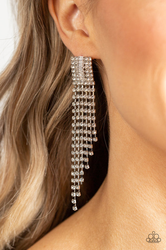 A-Lister Affirmations - White Rhinestone Tapered Fringe Paparazzi Earrings