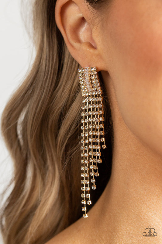 A-Lister Affirmations - Gold Frame & White Rhinestone Tapered Fringe Paparazzi Earrings