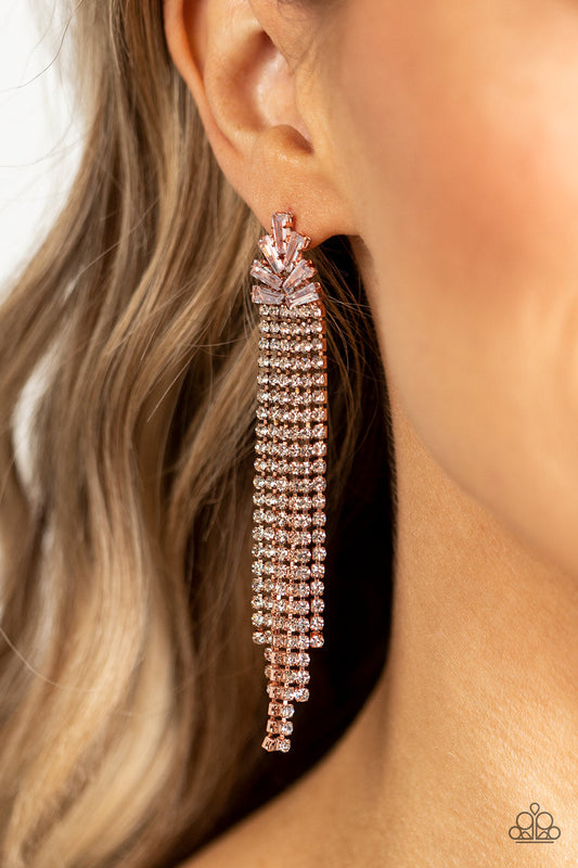 Overnight Sensation - Copper Frame & Dainty White Rhinestone Tassel Paparazzi Post Earrings