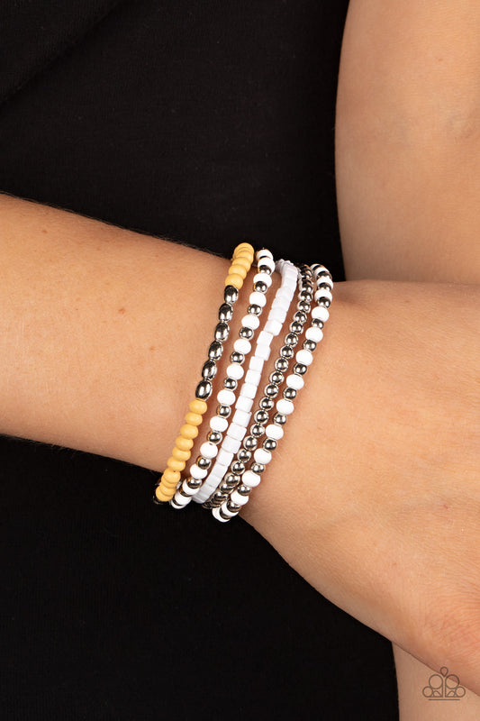 Adventure is Calling - White, Silver, & Daffodil Beaded Paparazzi Stretch Bracelet