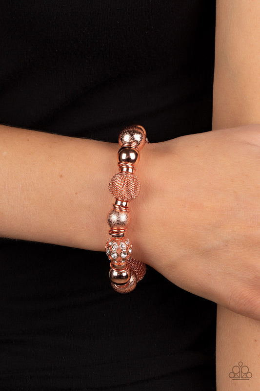 We Totally Mesh - Copper Oversized Beads, Mesh Beads, Rings, & White Rhinestone Accent Paparazzi Stretch Bracelet