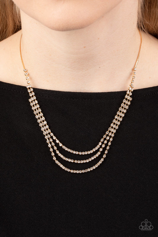 Surreal Sparkle - Gold Snake Chain & White Rhinestone Rows Paparazzi Necklace &shirt matching earrings