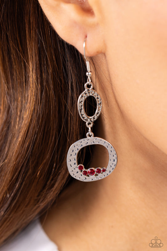 So Unexpected - Red Rhinestones & Asymmetrical Silver Loops Paparazzi Earrings