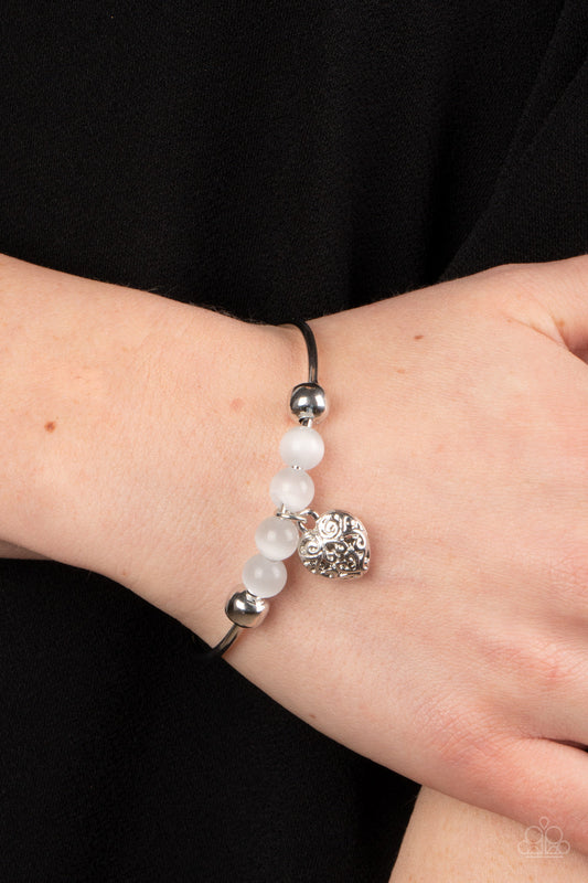 Vintage Vows - White Cat's Eye Stones, Silver Beads, & Silver Heart Charm Paparazzi Bangle Bracelet