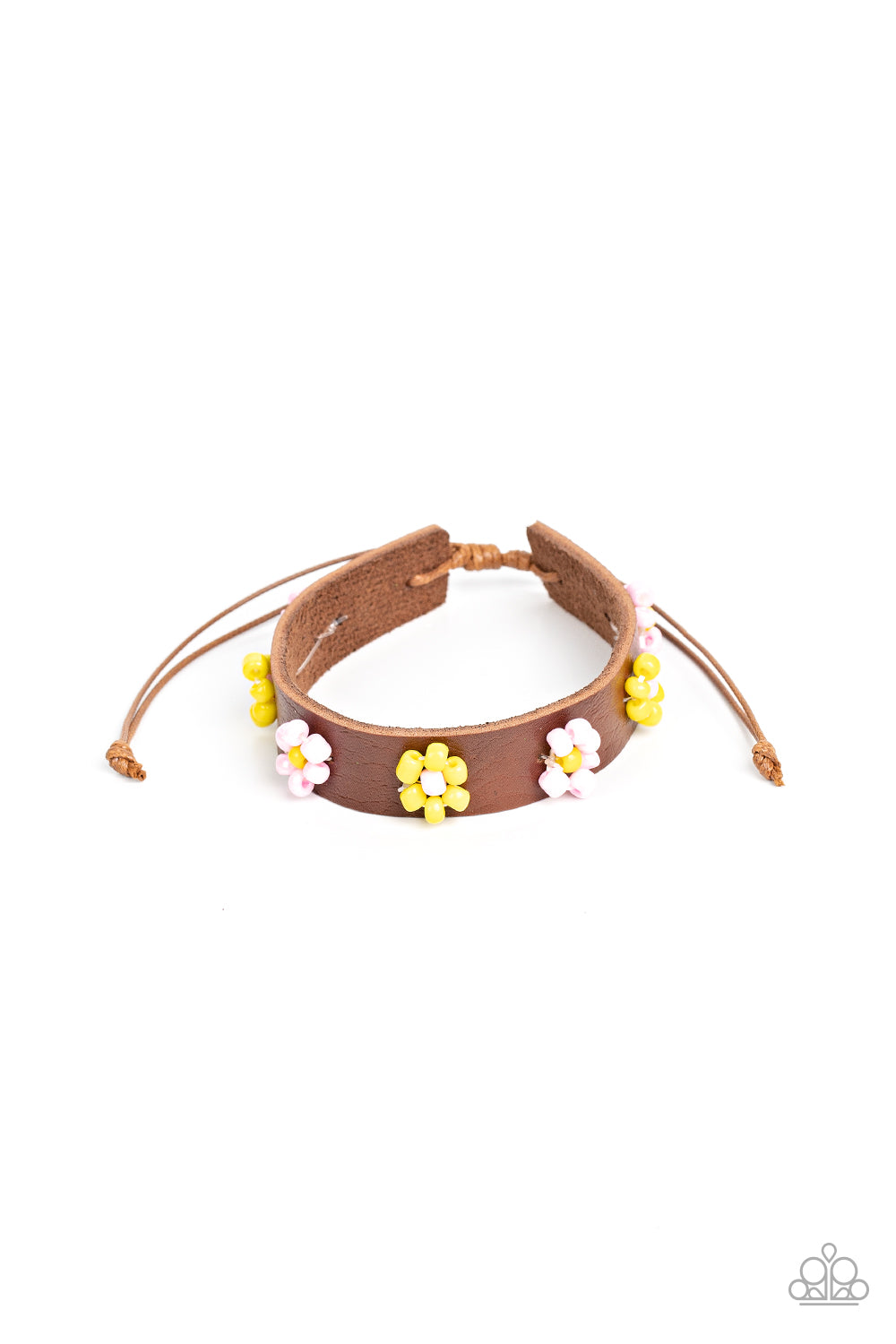 Flowery Frontier - Pink & Yellow Seed Bead Flowers/Brown Leather Paparazzi Urban Bracelet