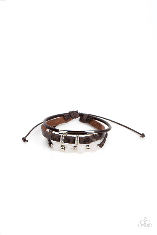 Amplified Aloha - White Quartz Stone Beads, Silver Rings, & Mismatched Leather Band Paparazzi Urban Bracelet