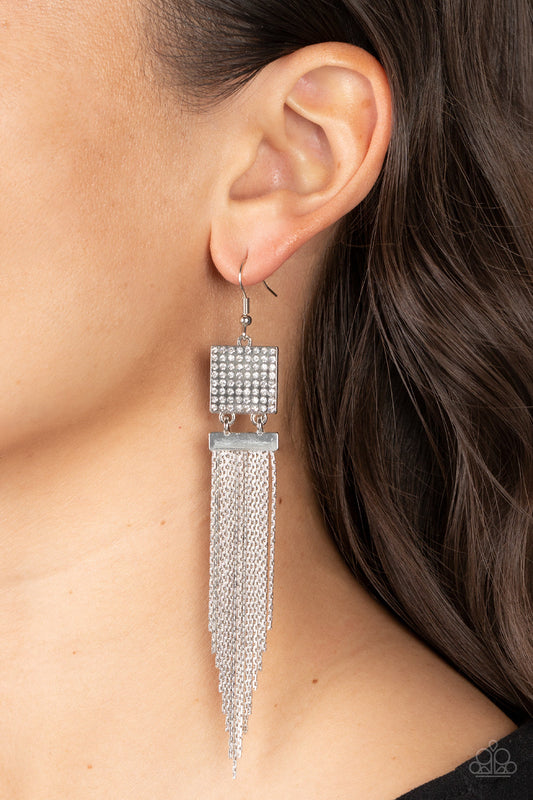 Dramatically Deco - White Rhinestones & Silver Chain Tassel Paparazzi Earrings