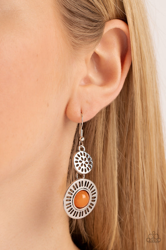 Ocean Orchard - Orange Opaque Bead & Floral-Inspired Cutout Paparazzi Earrings