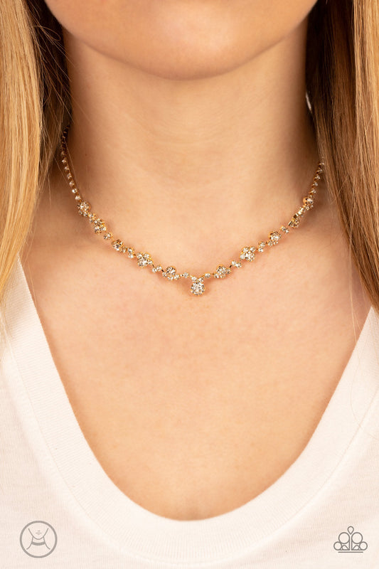 Regal Rebel - Gold Fittings/Dainty White Rhinestone Paparazzi Choker Necklace & matching earrings