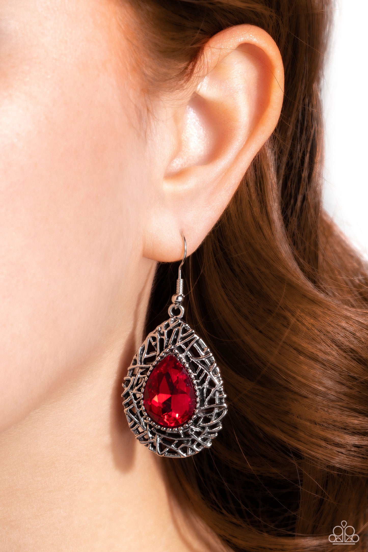 Nest Nouveau - Red Oversized Teardrop Gem/Twig-Like Bars Frame Paparazzi Earrings