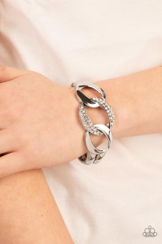 BOMBSHELL Squad - White Rhinestones & Trio of Rounded Links Paparazzi Hinge Bracelet