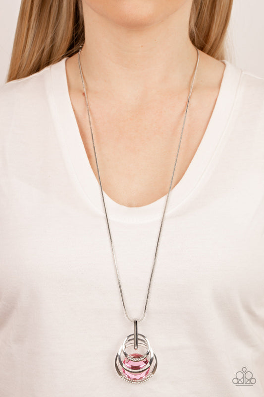 Spun Sparkle - Pink Oversized Gem/White Rhinestones/Silver Hoop Pendant Paparazzi Necklace & matching earrings