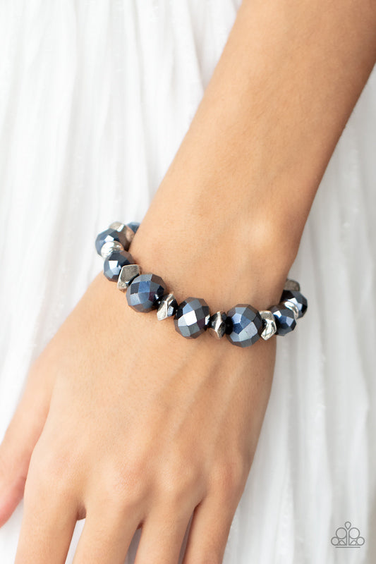 Astral Auras - Blue Crystal-Like Gems, Silver Discs, & Faceted Silver Accent Paparazzi Stretch Bracelet
