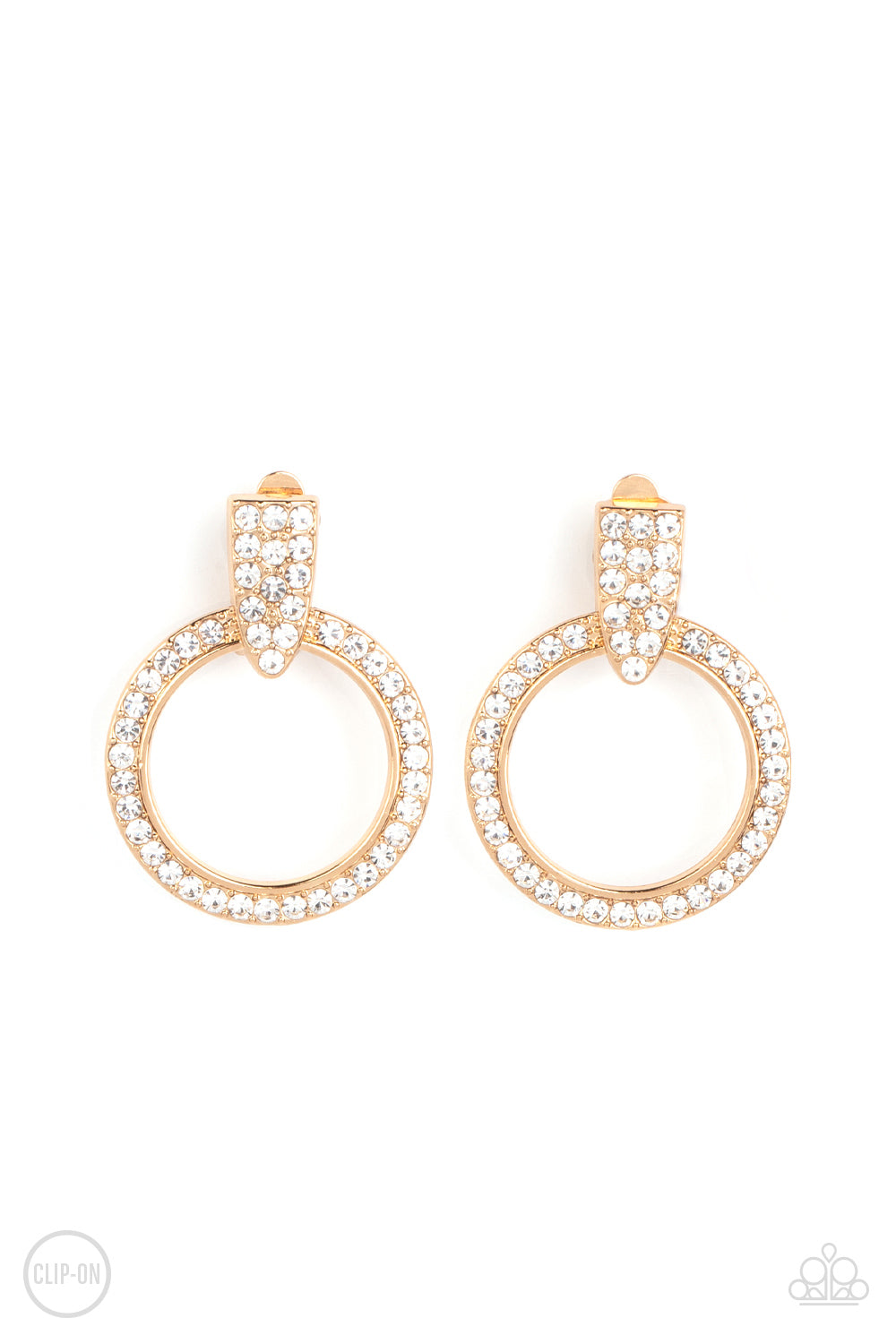 Sparkle at Your Service - Gold Loop Encrusted in White Rhinestones Paparazzi CLIP-ON Earrings
