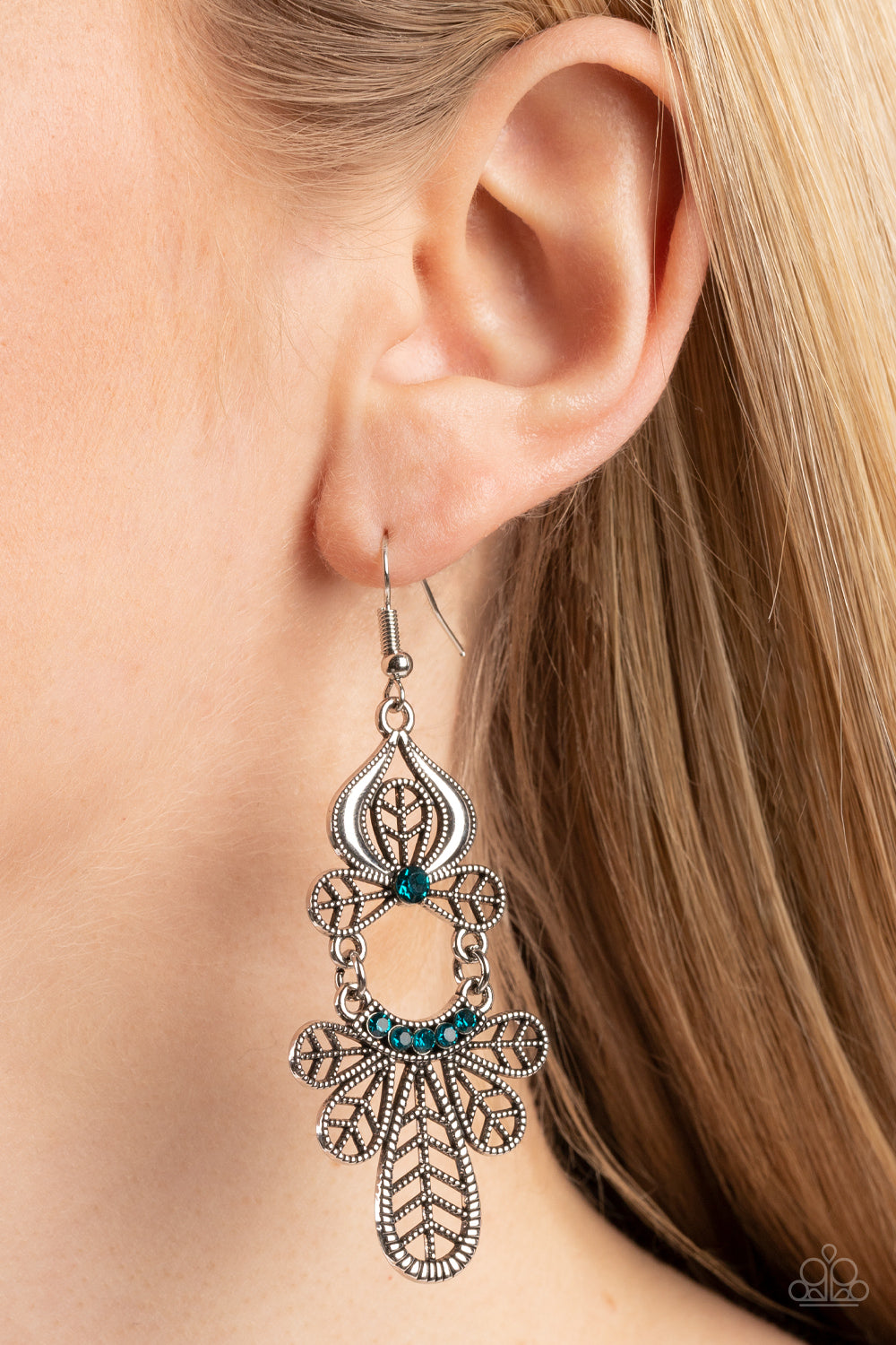 Galapagos Gala - Blue Rhinestones & Leafy Frame Paparazzi Earrings
