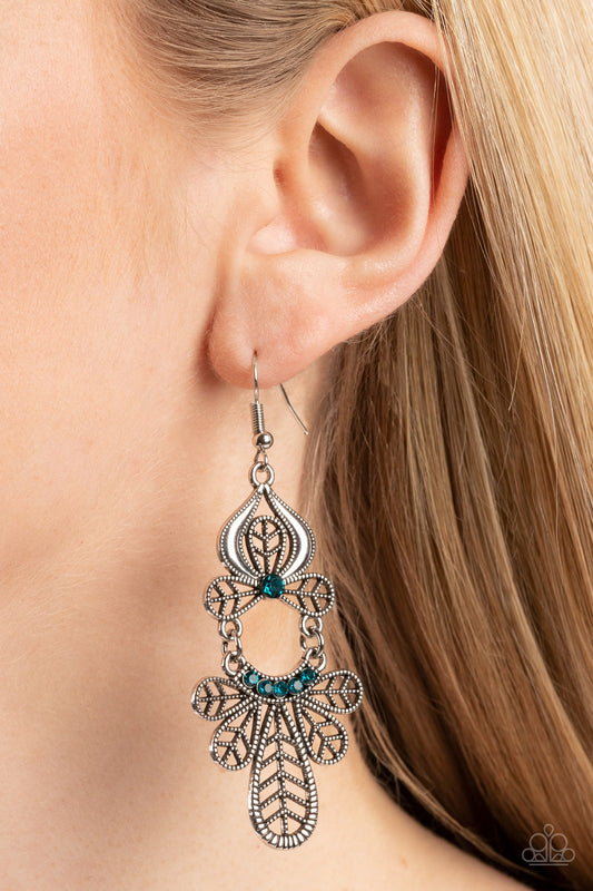 Galapagos Gala - Blue Rhinestones & Leafy Frame Paparazzi Earrings