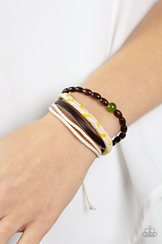 Hipster Hideaway - Green Centerpiece, Wooden Beads, Leather Cords, Braided Cord Urban Paparazzi Bracelet