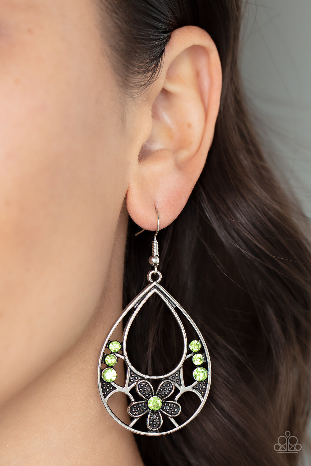 Meadow Marvel - Green Rhinestone & Silver Flower Paparazzi Earrings
