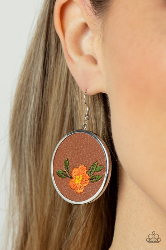 Prairie Patchwork - Orange Embroidered Flower & Brown Leather Paparazzi Earrings