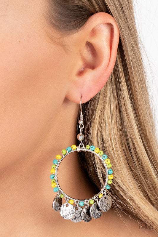 Bohemian Beach Blast - Green, Blue, & Yellow Seed Bead Paparazzi Earrings