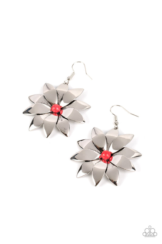 Pinwheel Prairies - Red Stone Bead & Silver Petal Paparazzi Flower Earrings
