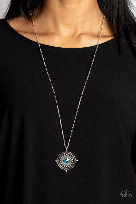 Compass Composure - Green Iridescent Rhinestone/Compass Inspired Pendant Paparazzi Necklace & matching earrings