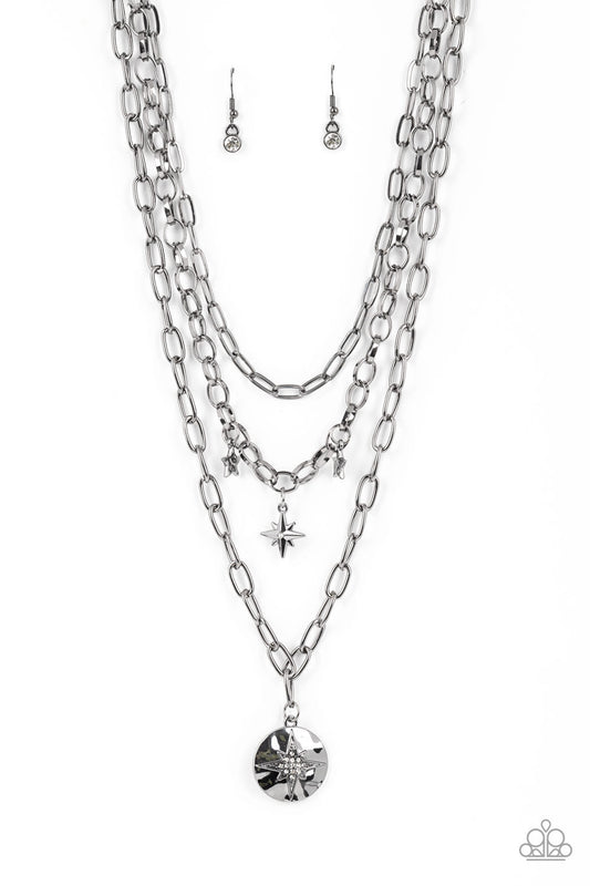 Under the Northern Lights - Gunmetal Chains/Hammered Stars Paparazzi Necklace & matching earrings