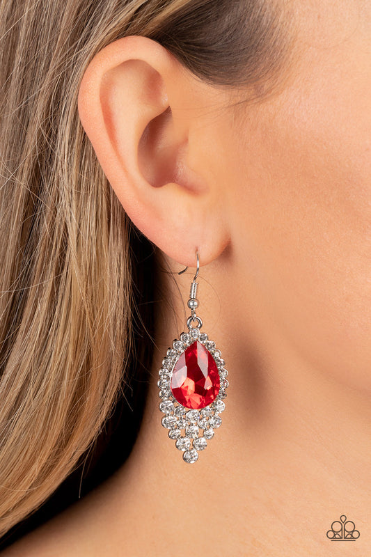 Glorious Glimmer - Red Oversized Teardrop Gem/White Rhinestone Paparazzi Earrings