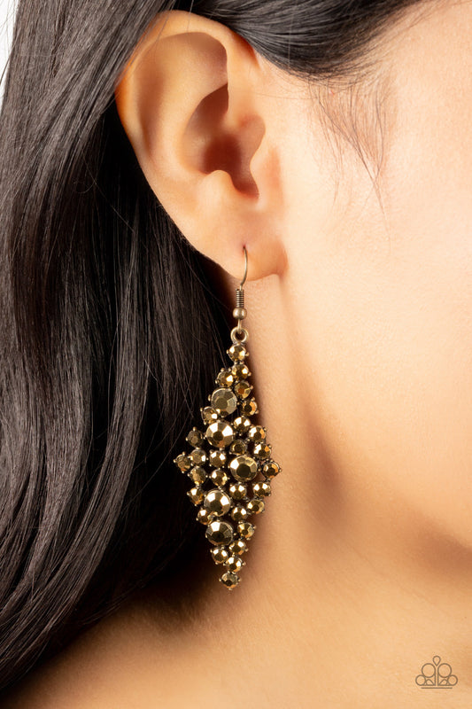 Celestial Comet - Brass Fittings/Aurum Rhinestone Cluster Paparazzi Earrings