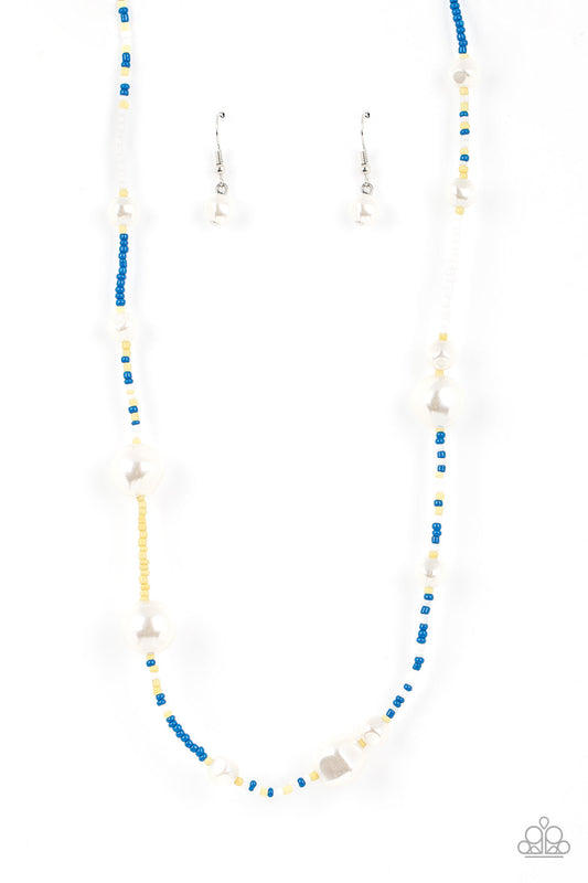 Modern Marina - Blue, Yellow, White Seed Beads/Irregular Shaped Pearls Paparazzi Necklace & matching earrings