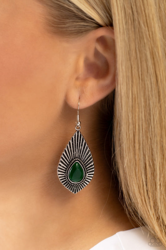 SOUL-ar Flare - Green Teardrop Bead/Silver Flared Texture Frame Paparazzi Earrings