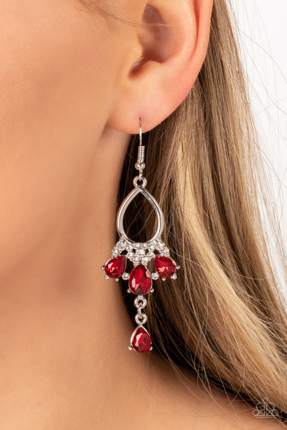 Coming in Clutch - Red Teardrop Rhinestone & White Rhinestone Accent Paparazzi Earrings