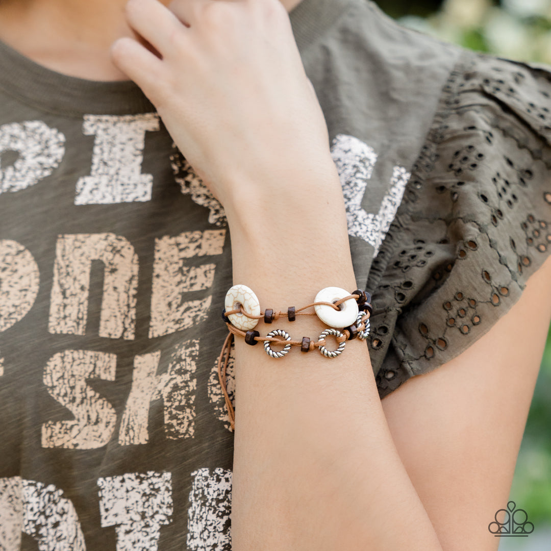 Quarry Quandary - White Stone Discs, Silver Rings, & Wooden Beaded Paparazzi Urban Bracelet