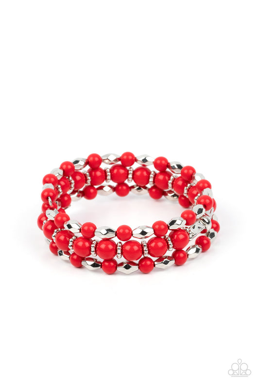 Colorfully Coiled - Red Beads, Silver Beads, & Silver Ring Paparazzi Coil Bracelet