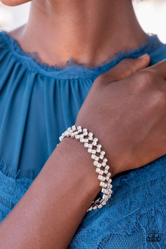 Seize the Sizzle - White Rhinestone Haphazard Stack Paparazzi Adjustable Bracelet