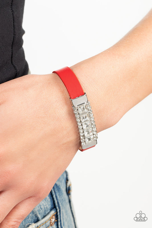 Rebel Reputation - Red Leather Band & White Rhinestone Encrusted Frame Paparazzi Snap Bracelet