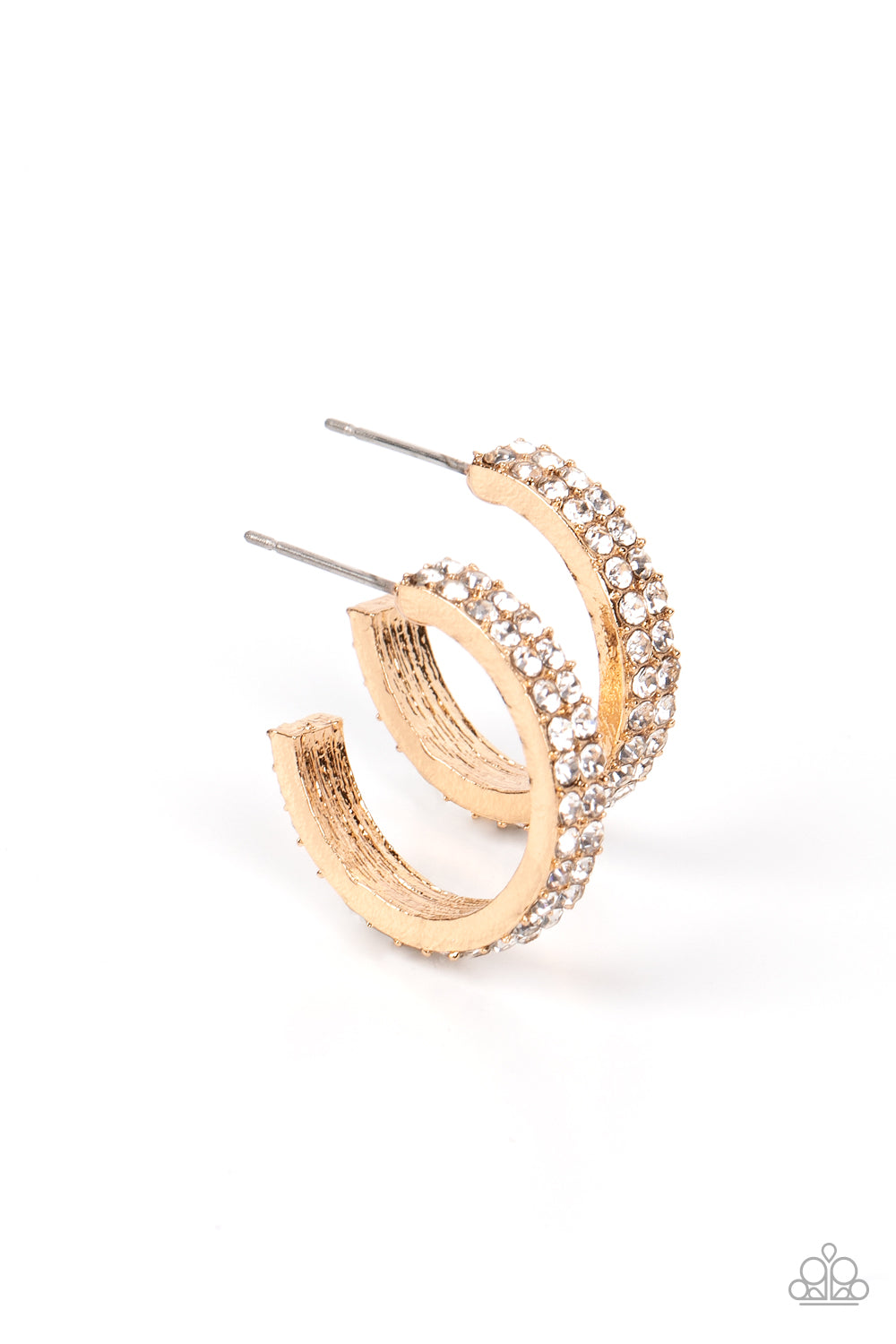 Positively Petite - Gold & White Rhinestone Paparazzi Mini Hoop Earrings
