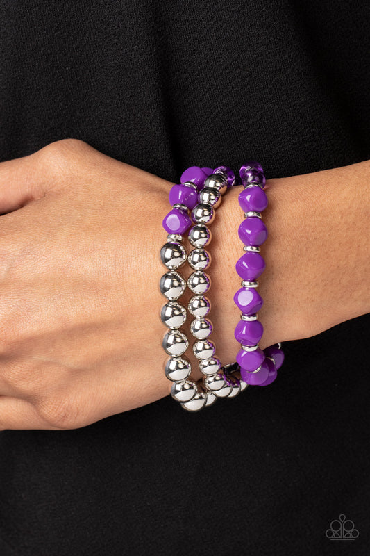 Summer Sabbatical - Purple & Silver Beaded Set of 3 Paparazzi Stretch Bracelets