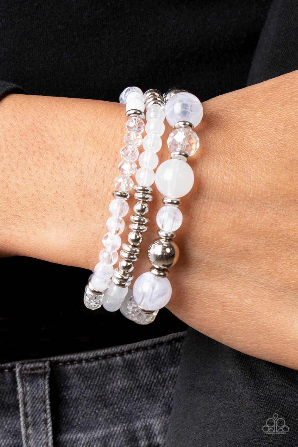 Shoreside Stroll - White Mismatched Beaded Paparazzi Set of 3 Stretch Bracelets