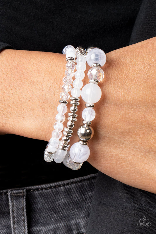 Shoreside Stroll - White Mismatched Beaded Paparazzi Set of 3 Stretch Bracelets