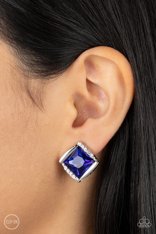 Sparkle Squared - Blue Rhinestone/Silver Bars/White Rhinestone Paparazzi CLIP-ON Earrings